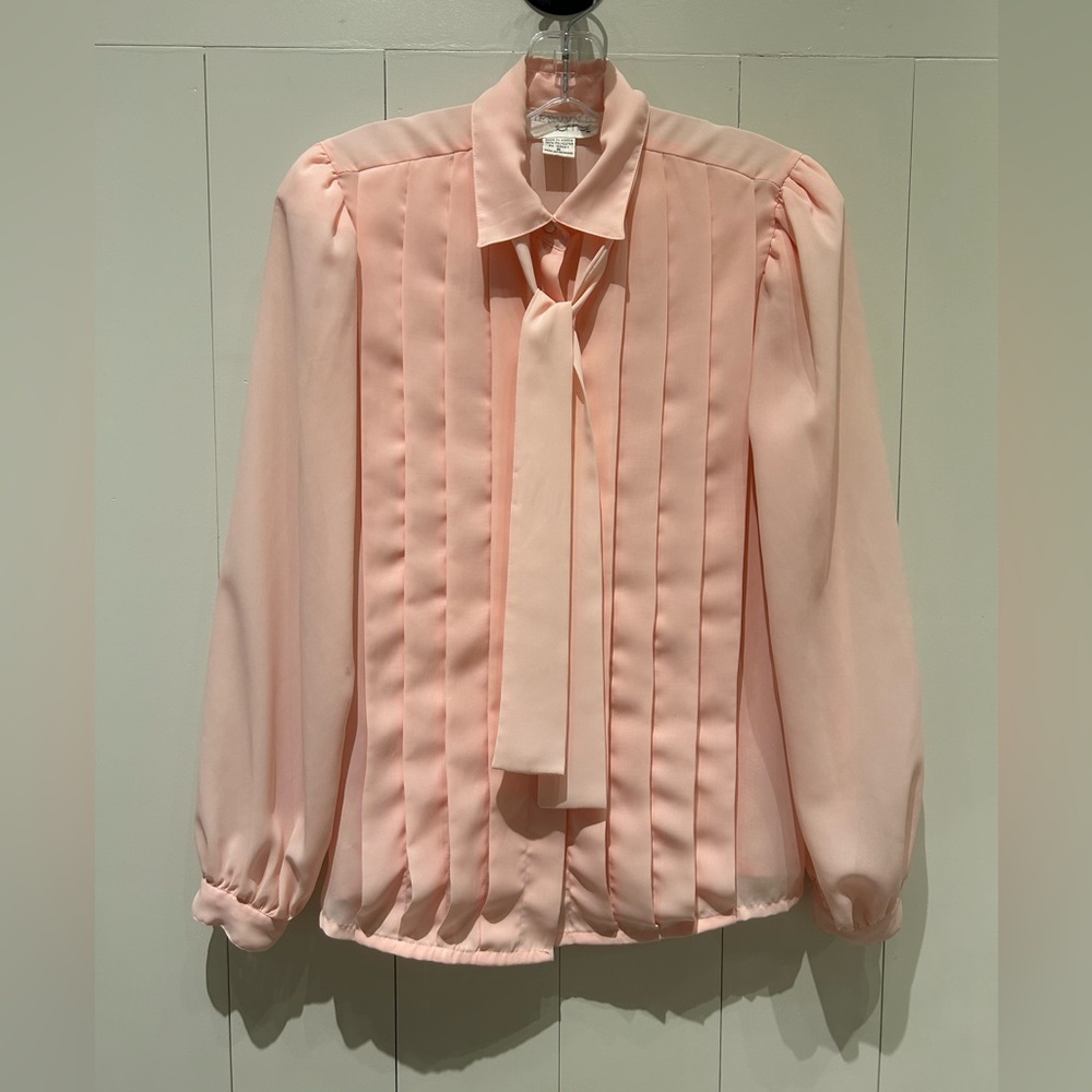 Vintage Tie Neck Pink Women's Long Sleeve Blouse Size 8